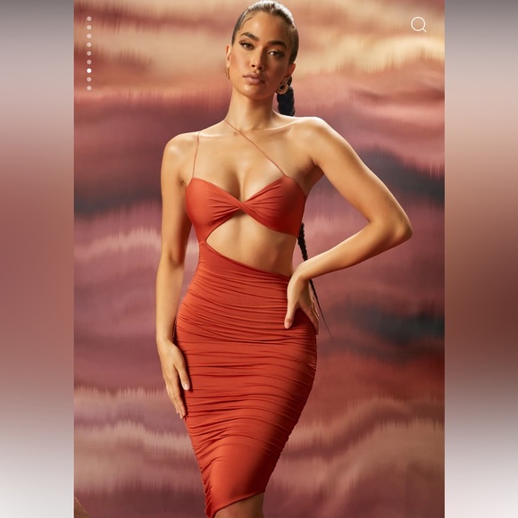 Oh Polly Dresses & Skirts - Ruched Asymmetric Midi Dress in Rust